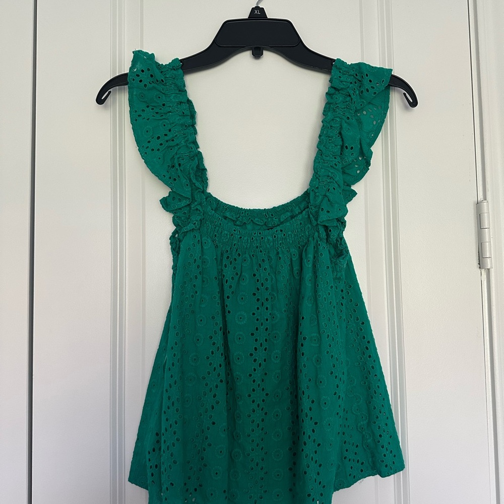 Green Eyelet Ruffle Blouse